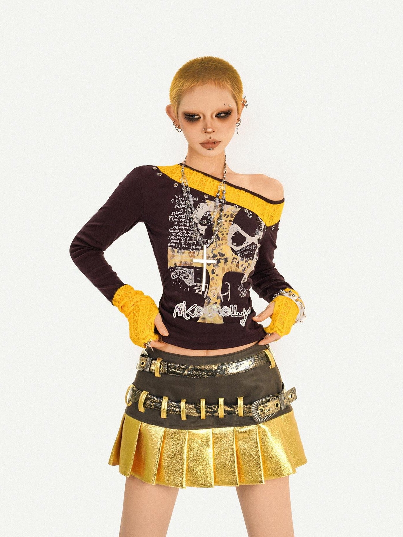 Nico Molly Gold Spliced Patchwork Double Waistband Pleated Women's Coated Mini Skirts