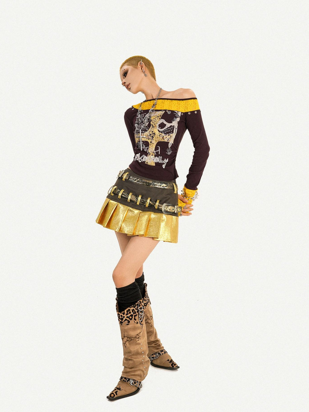 Nico Molly Gold Spliced Patchwork Double Waistband Pleated Women's Coated Mini Skirts