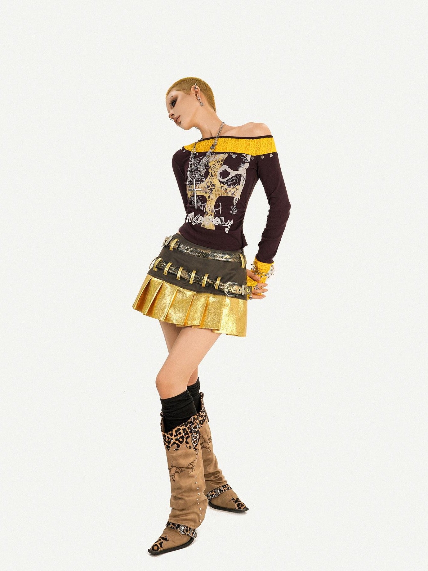 Nico Molly Gold Spliced Patchwork Double Waistband Pleated Women's Coated Mini Skirts