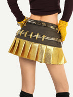 Nico Molly Gold Spliced Patchwork Double Waistband Pleated Women's Coated Mini Skirts