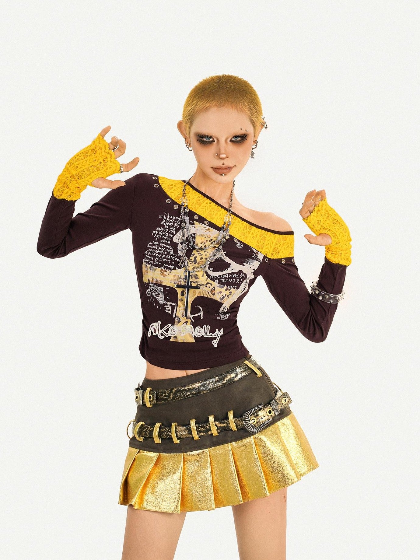 Nico Molly Gold Spliced Patchwork Double Waistband Pleated Women's Coated Mini Skirts