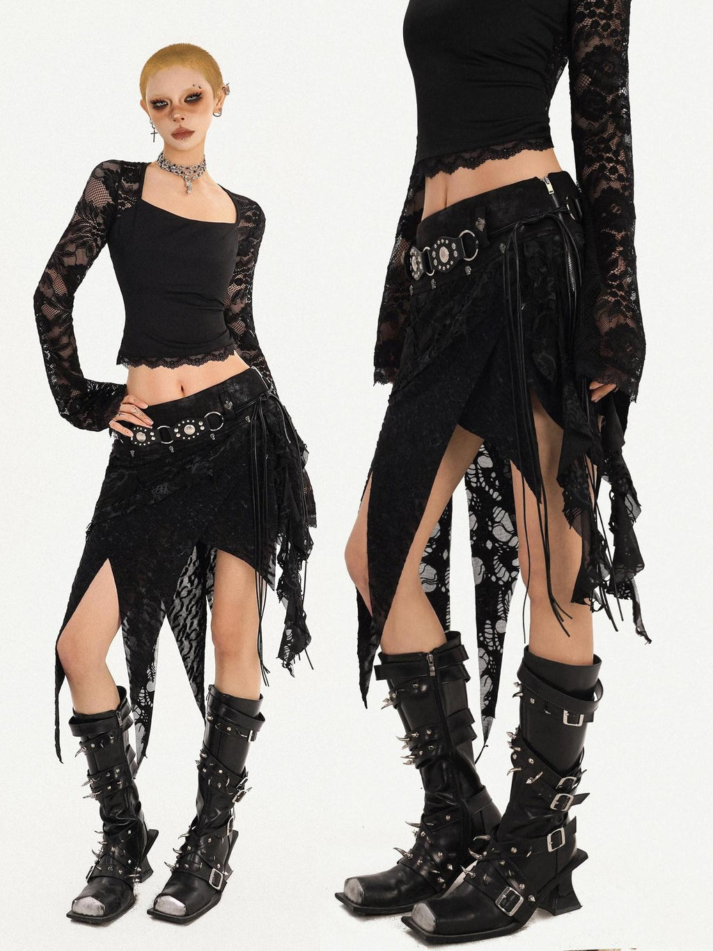 Nico Molly Gothic Asymmetric Fringe Belted Layered Women's Lace Mini Skirts