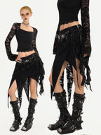 Nico Molly Gothic Asymmetric Fringe Belted Layered Women's Lace Mini Skirts
