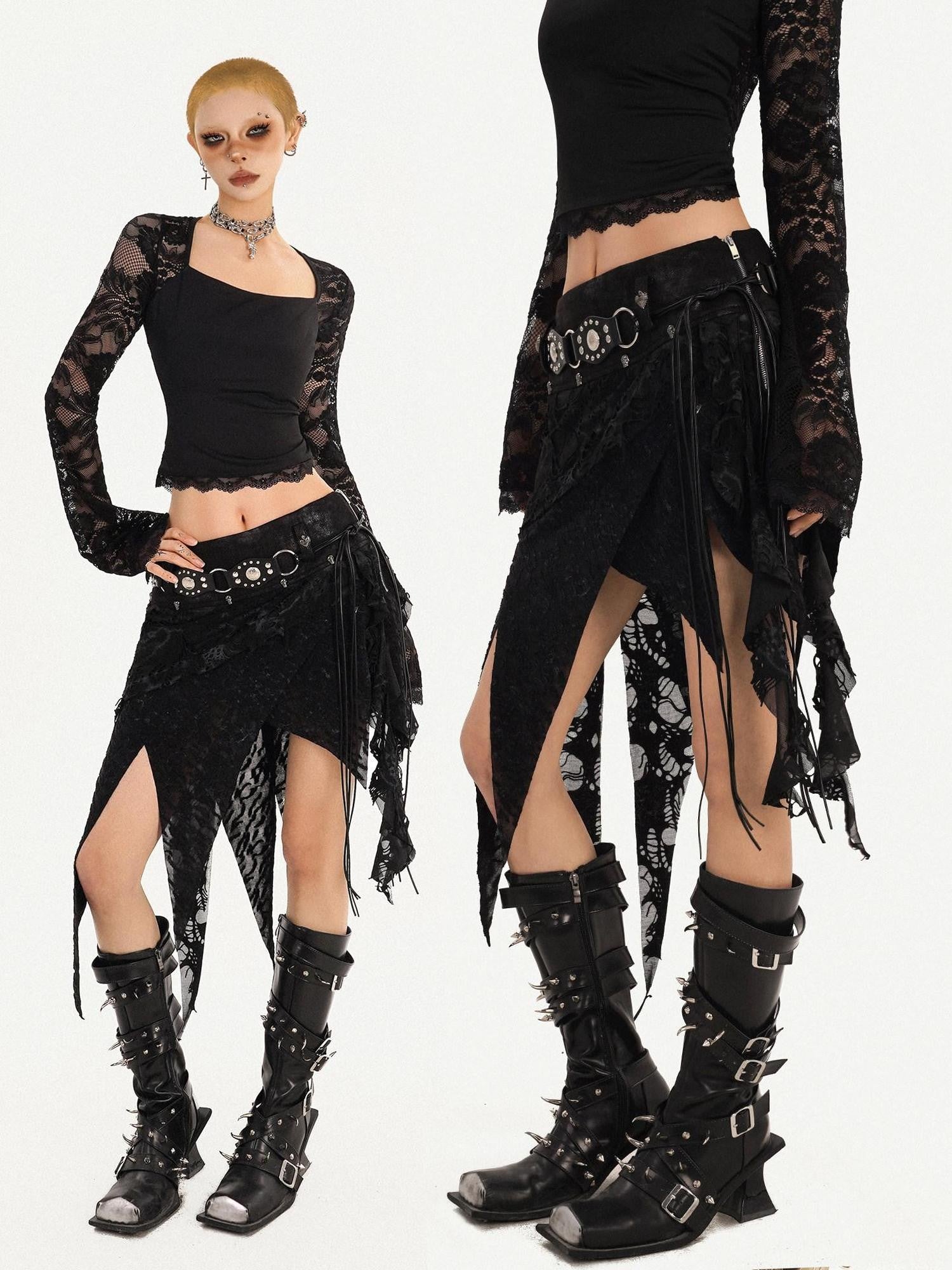 Nico Molly Gothic Asymmetric Fringe Belted Layered Women's Lace Mini Skirts