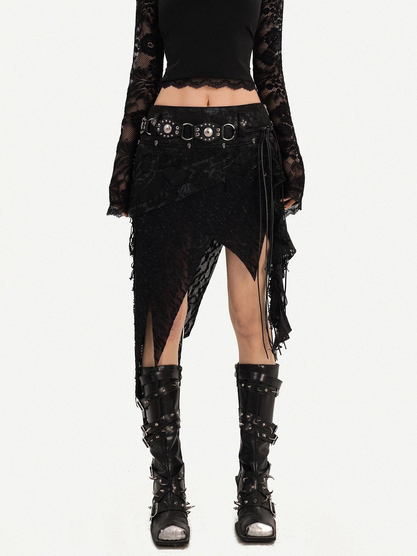 Nico Molly Gothic Asymmetric Fringe Belted Layered Women's Lace Mini Skirts