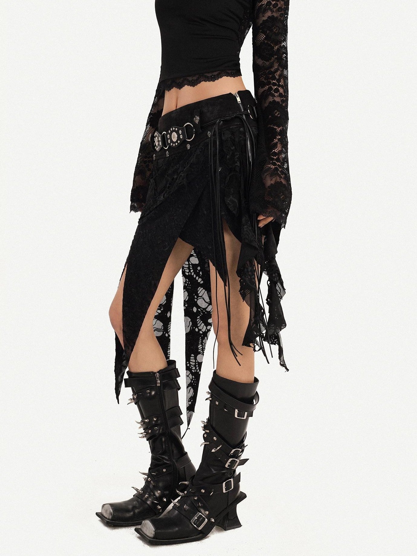 Nico Molly Gothic Asymmetric Fringe Belted Layered Women's Lace Mini Skirts