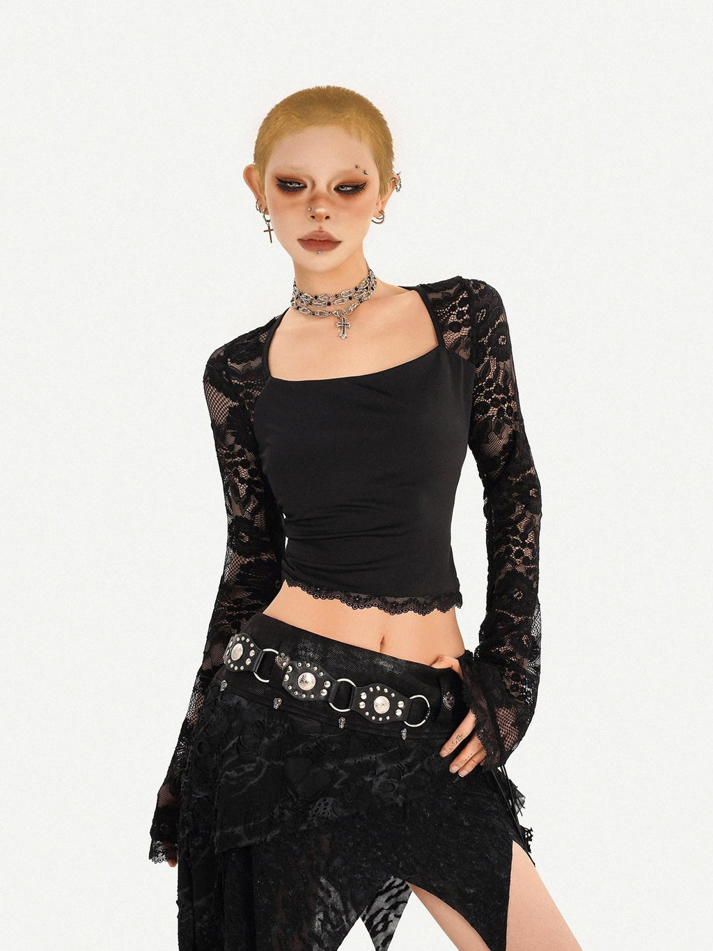 Nico Molly Gothic Asymmetric Fringe Belted Layered Women's Lace Mini Skirts