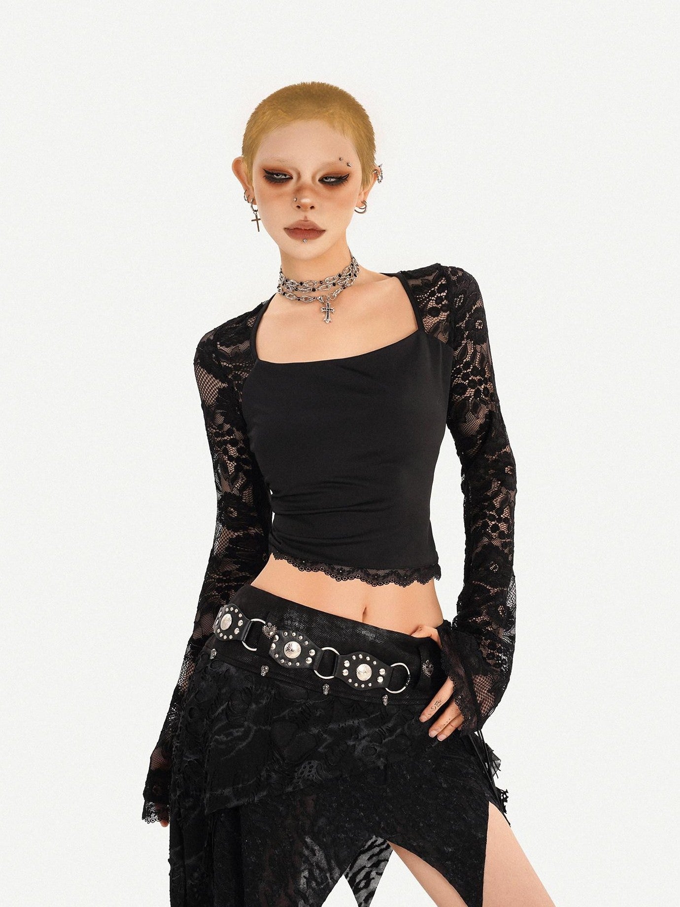Nico Molly Gothic Asymmetric Fringe Belted Layered Women's Lace Mini Skirts