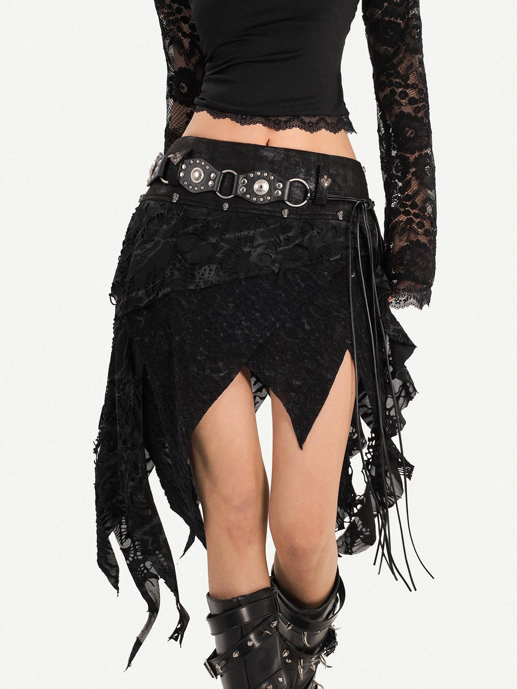 Nico Molly Gothic Asymmetric Fringe Belted Layered Women's Lace Mini Skirts