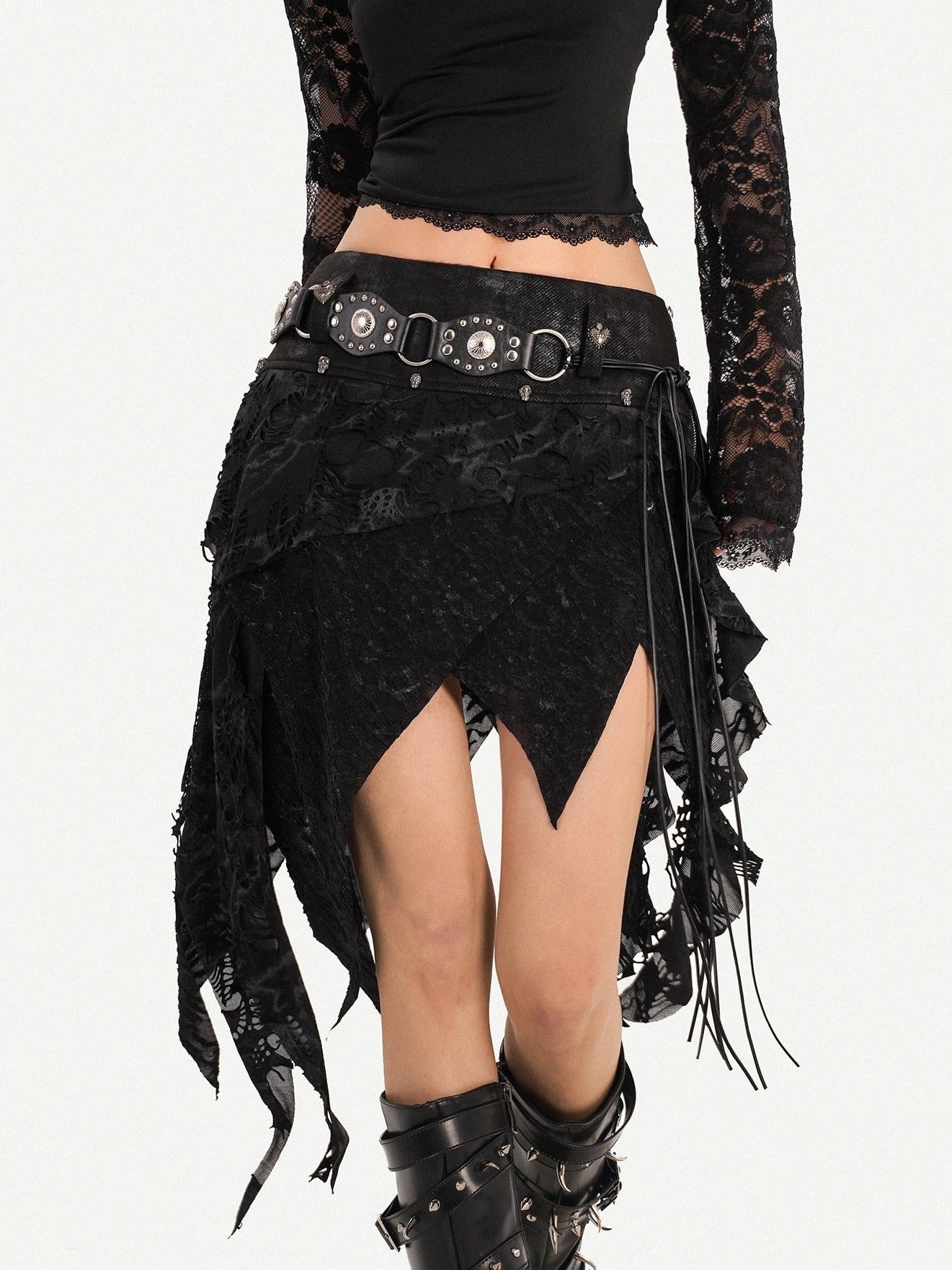 Nico Molly Gothic Asymmetric Fringe Belted Layered Women's Lace Mini Skirts