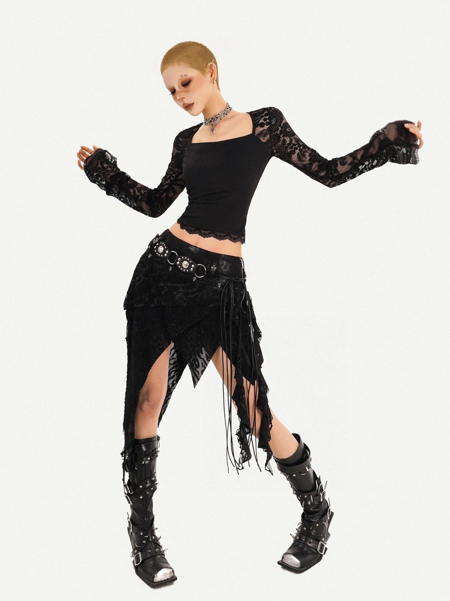 Nico Molly Gothic Asymmetric Fringe Belted Layered Women's Lace Mini Skirts