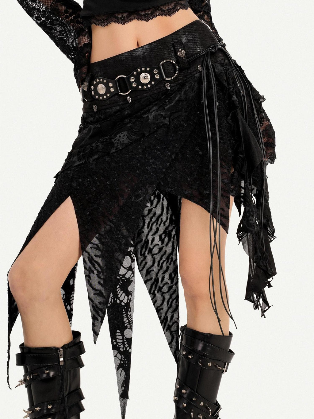Nico Molly Gothic Asymmetric Fringe Belted Layered Women's Lace Mini Skirts