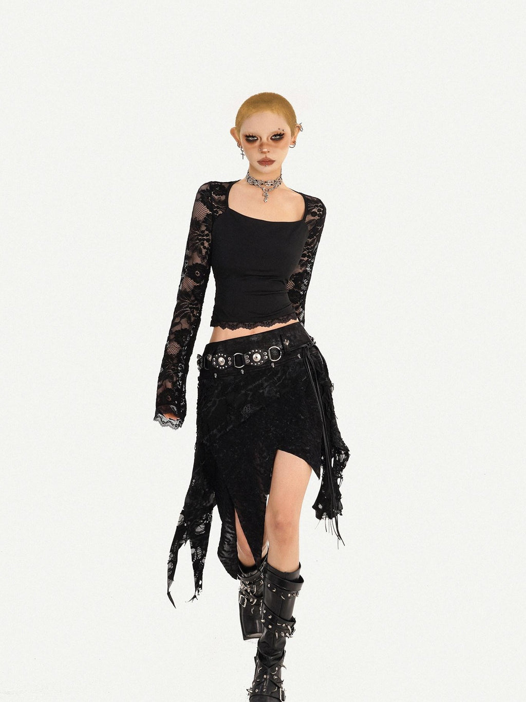 Nico Molly Gothic Asymmetric Fringe Belted Layered Women's Lace Mini Skirts