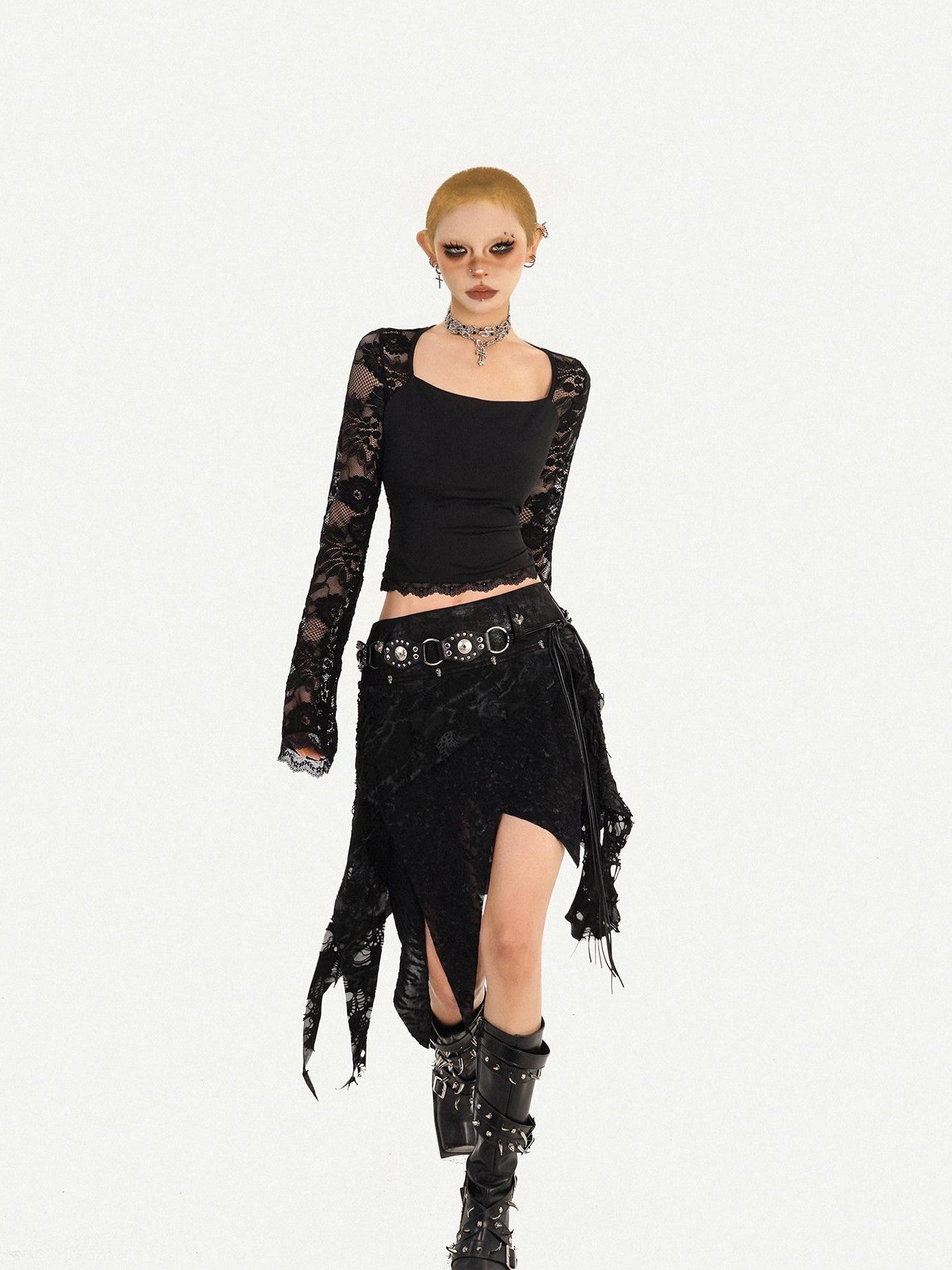Nico Molly Gothic Asymmetric Fringe Belted Layered Women's Lace Mini Skirts