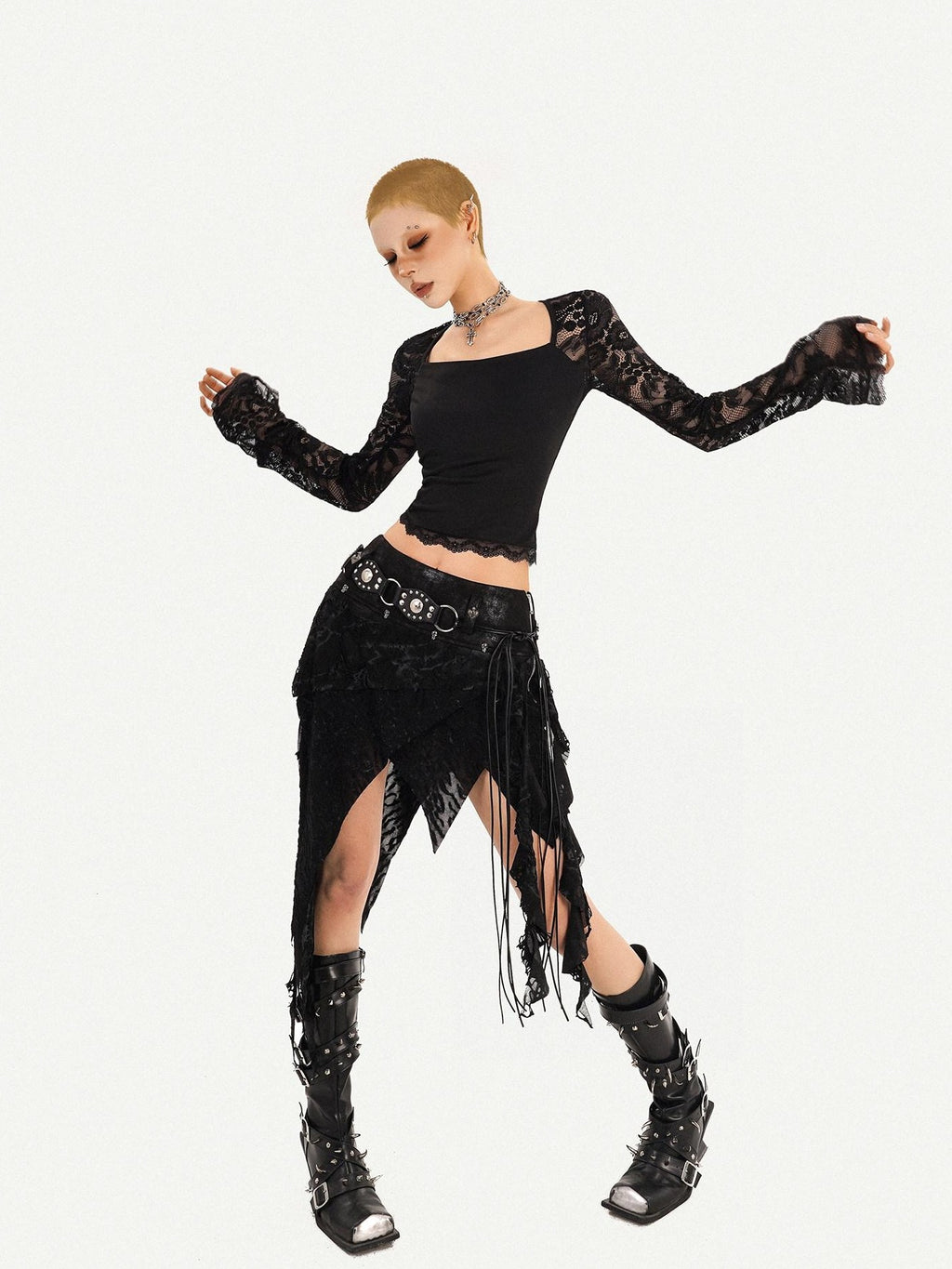 Nico Molly Gothic Asymmetric Fringe Belted Layered Women's Lace Mini Skirts