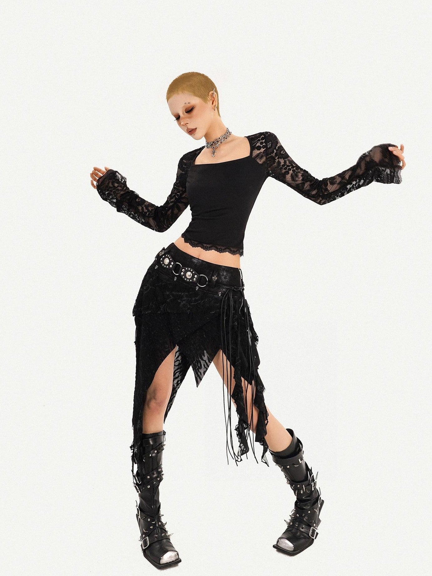 Nico Molly Gothic Asymmetric Fringe Belted Layered Women's Lace Mini Skirts