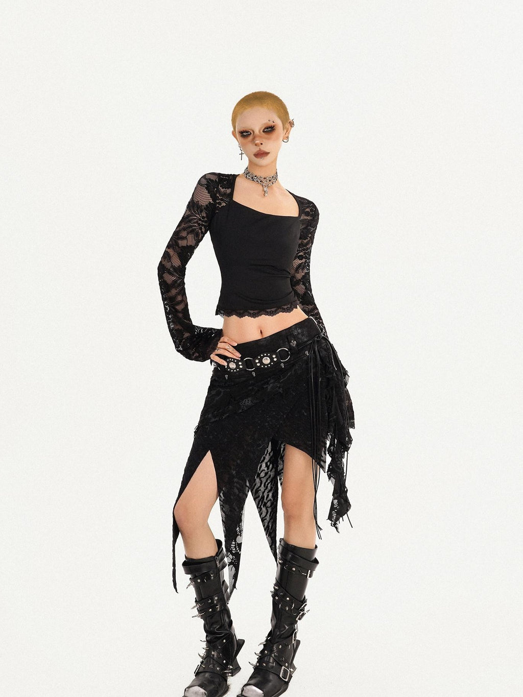 Nico Molly Gothic Asymmetric Fringe Belted Layered Women's Lace Mini Skirts