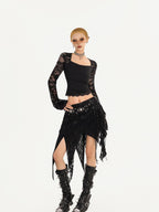 Nico Molly Gothic Asymmetric Fringe Belted Layered Women's Lace Mini Skirts
