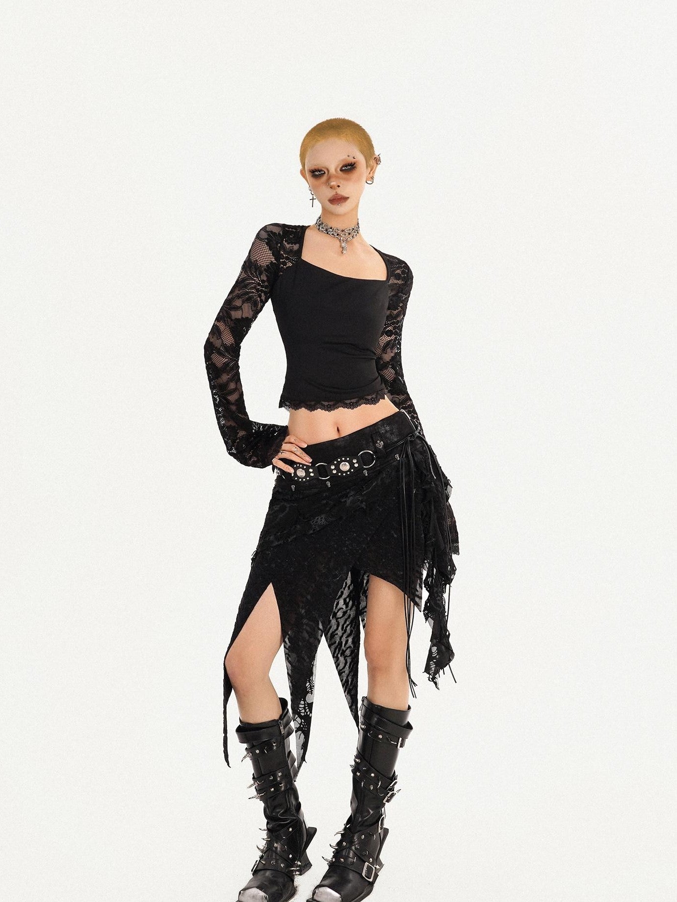 Nico Molly Gothic Asymmetric Fringe Belted Layered Women's Lace Mini Skirts