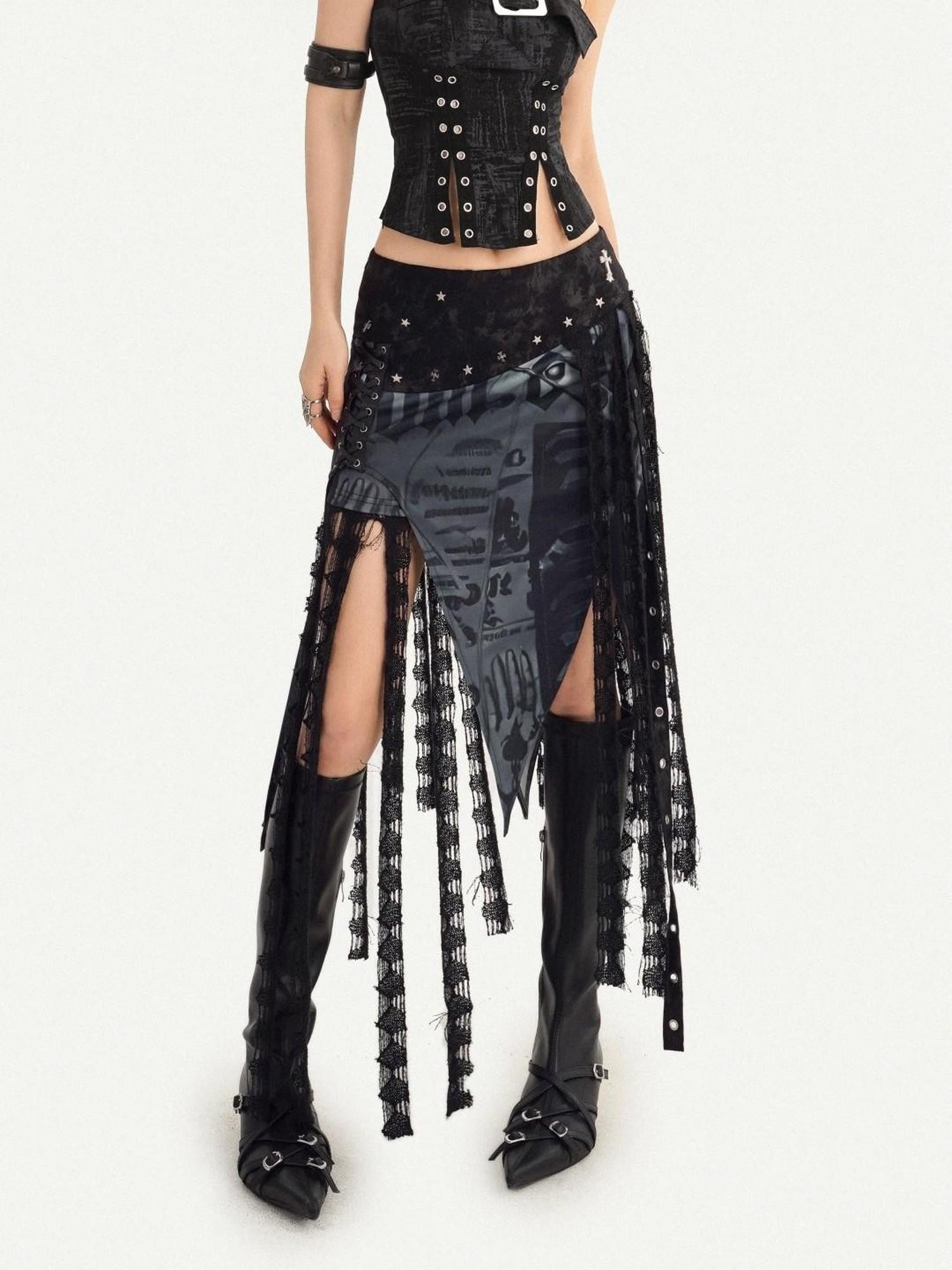 Nico Molly Gothic Asymmetric Mesh Spliced Tassel Women's Mesh Maxi Skirts
