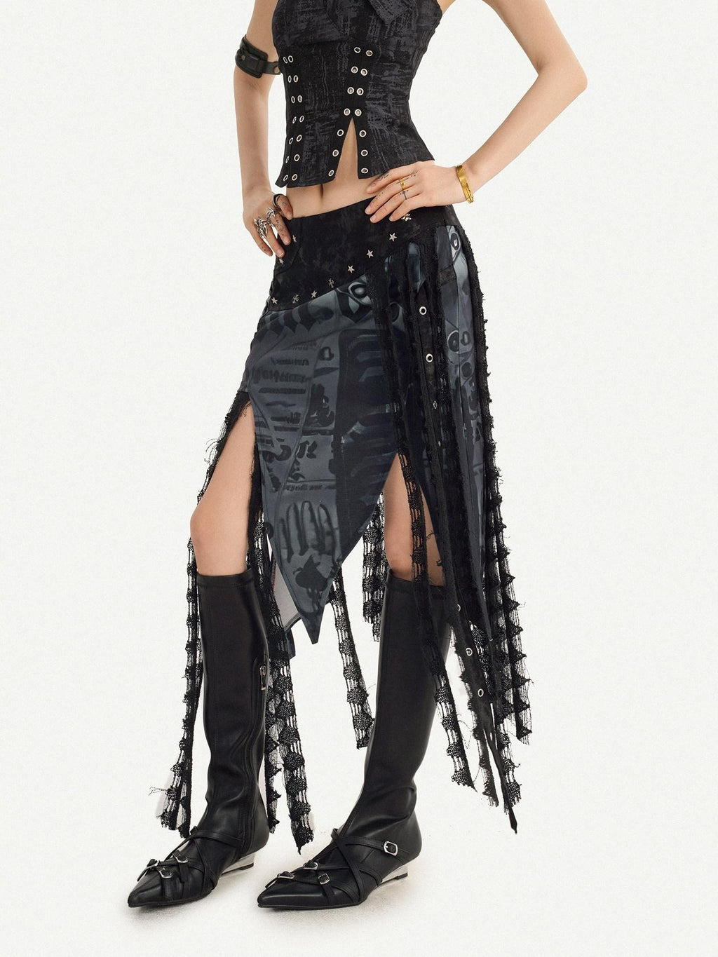 Nico Molly Gothic Asymmetric Mesh Spliced Tassel Women's Mesh Maxi Skirts