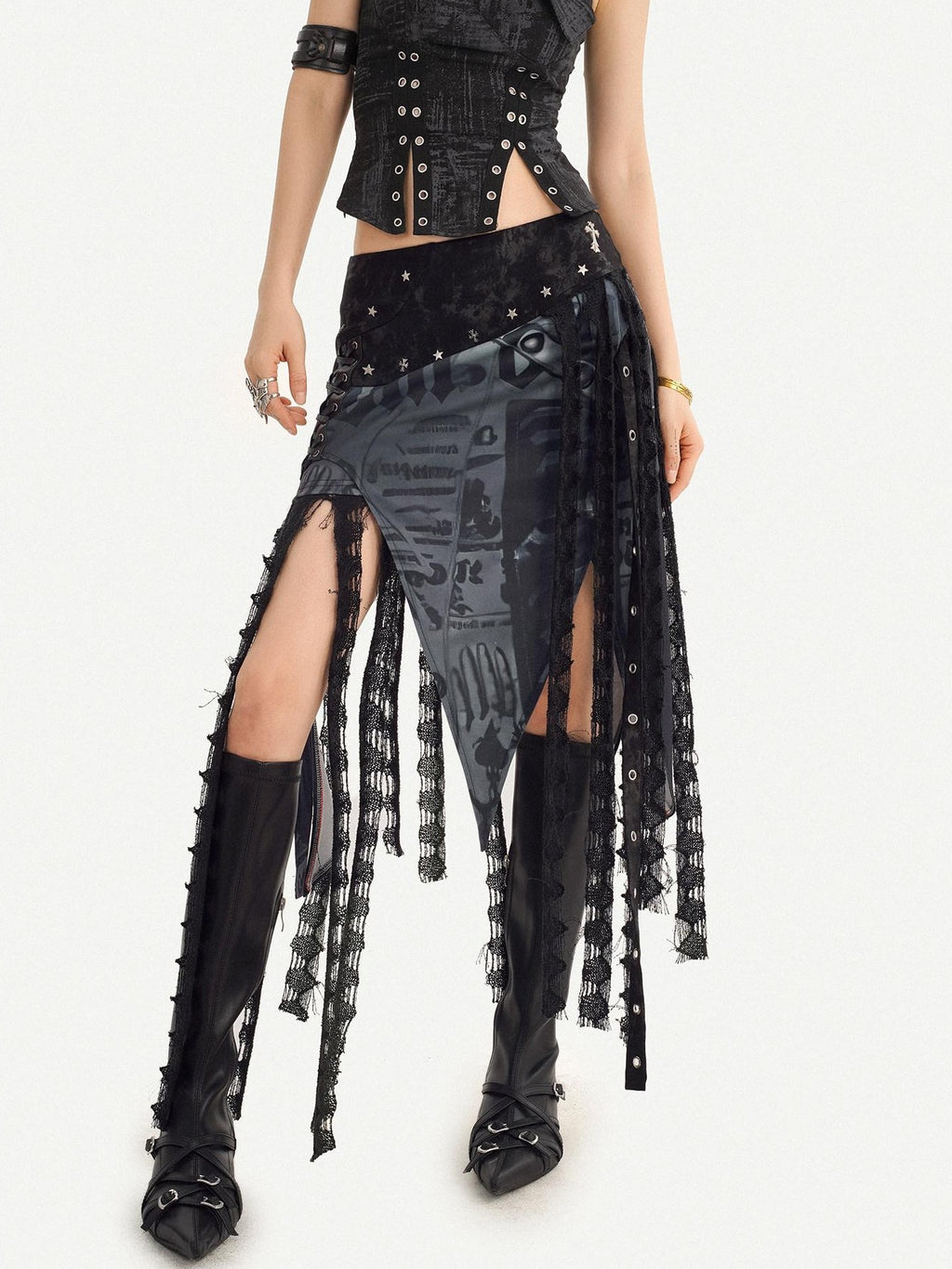 Nico Molly Gothic Asymmetric Mesh Spliced Tassel Women's Mesh Maxi Skirts