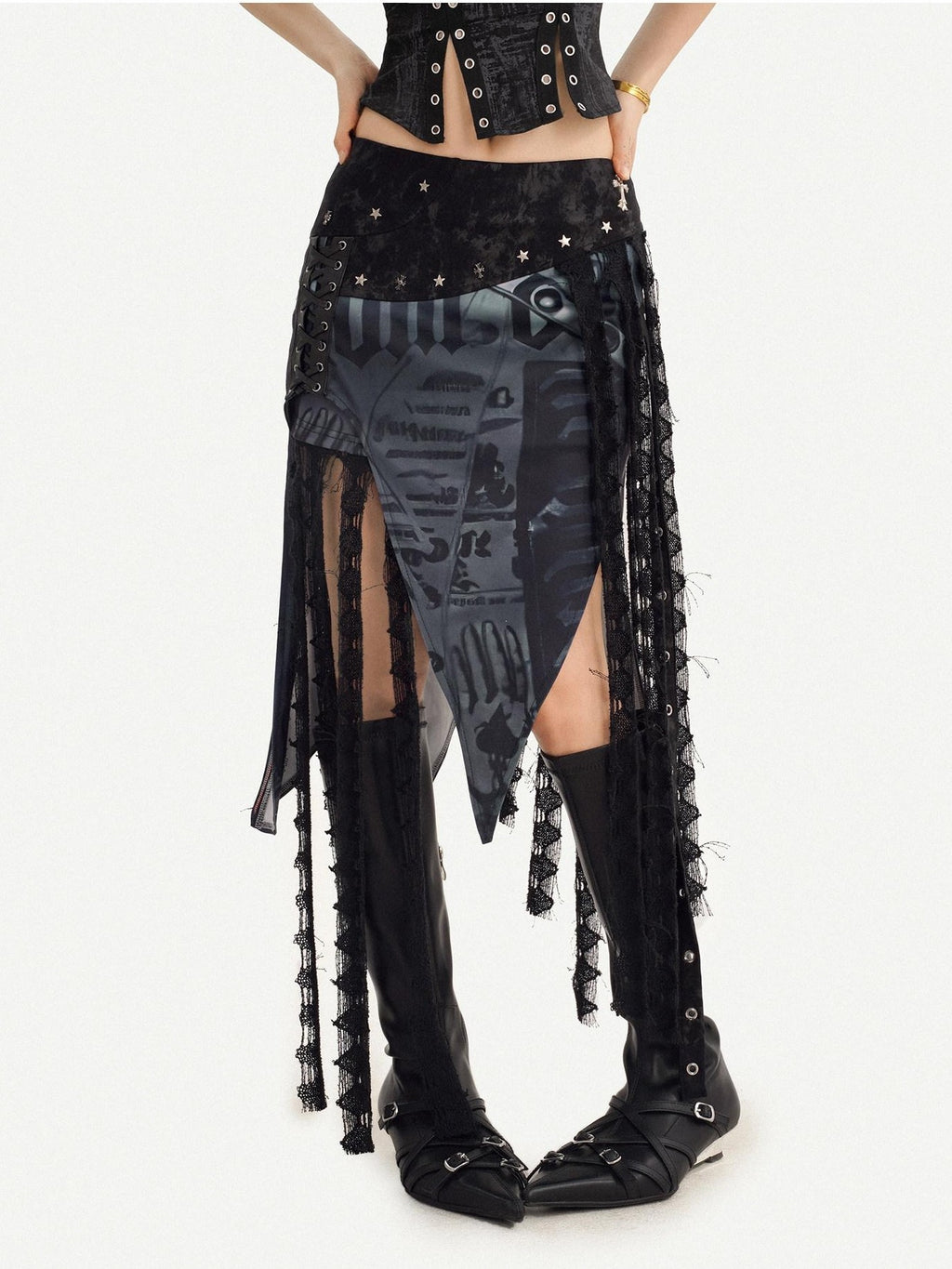 Nico Molly Gothic Asymmetric Mesh Spliced Tassel Women's Mesh Maxi Skirts