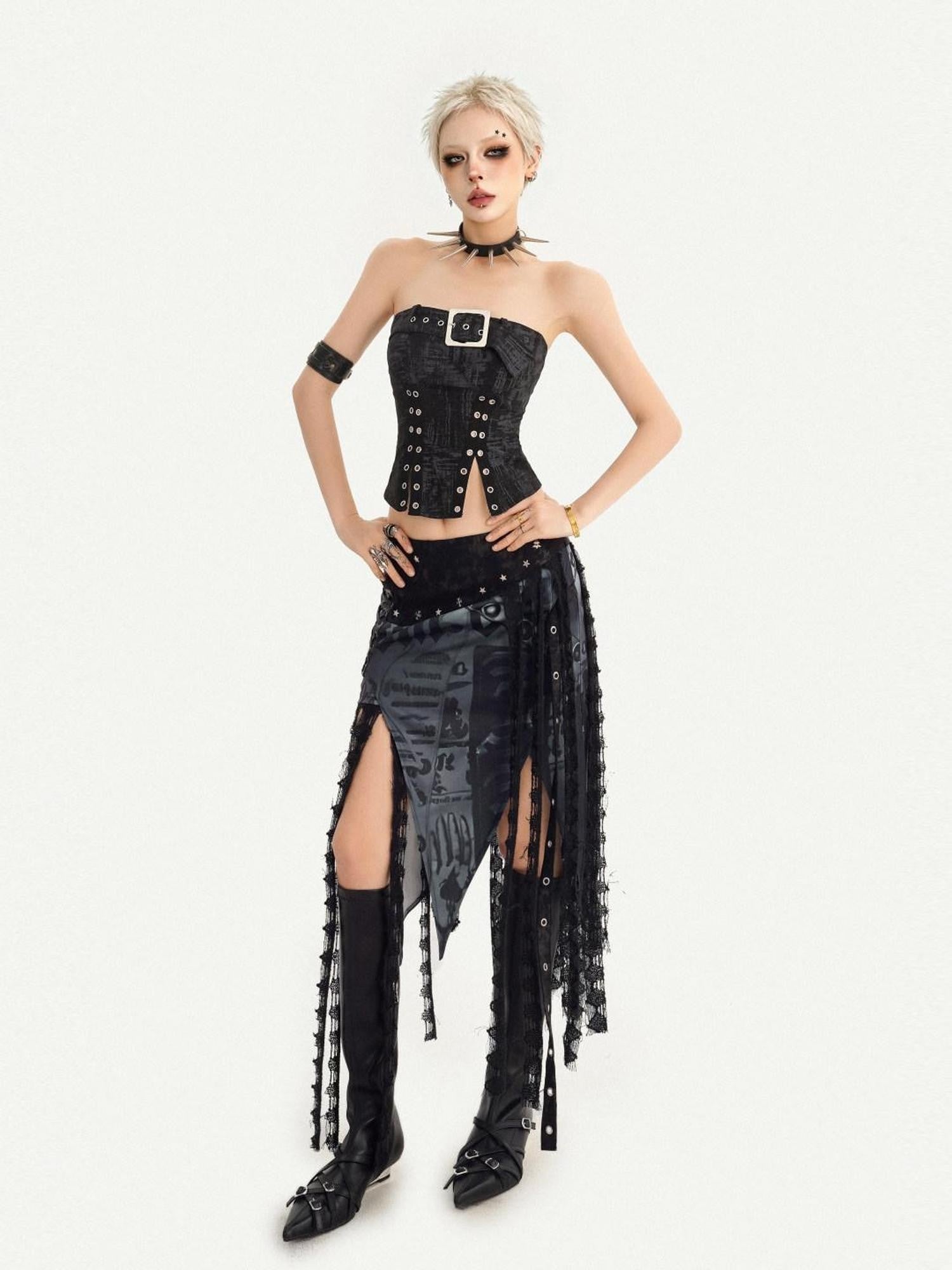 Nico Molly Gothic Asymmetric Mesh Spliced Tassel Women's Mesh Maxi Skirts