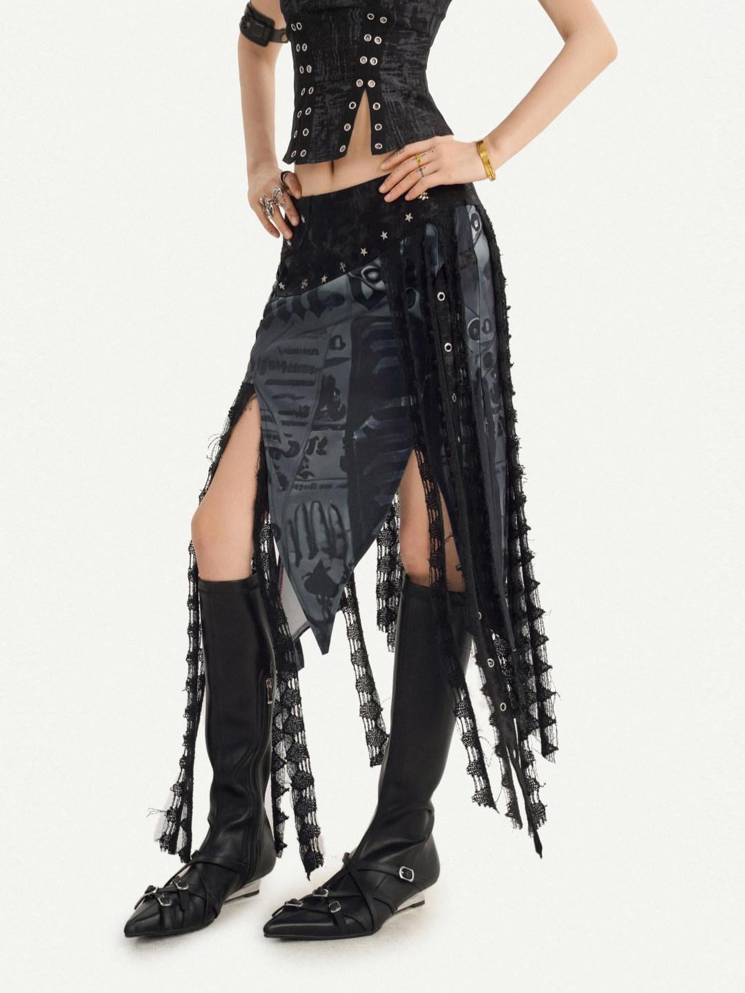 Nico Molly Gothic Asymmetric Mesh Spliced Tassel Women's Mesh Maxi Skirts