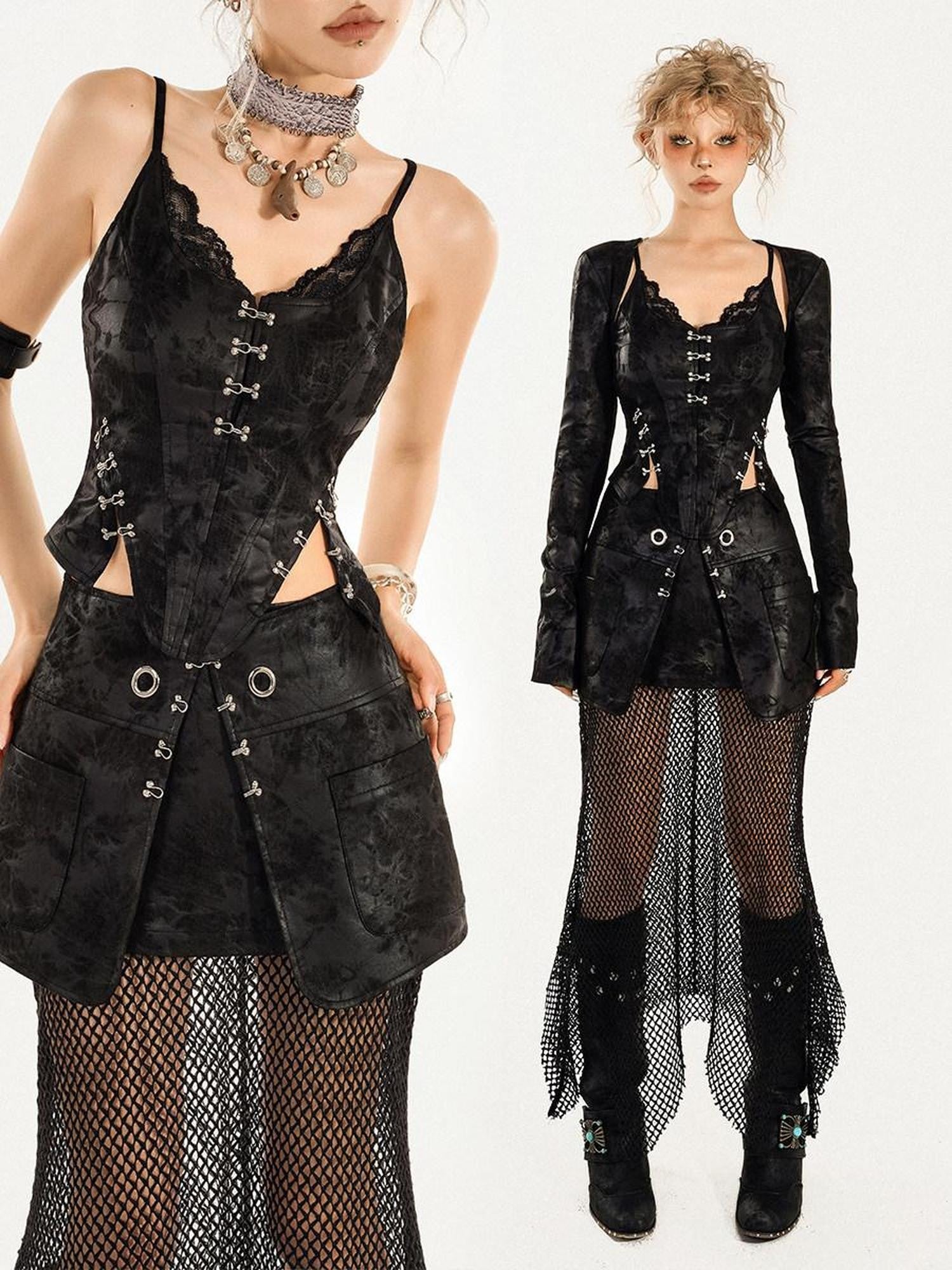 Nico Molly Gothic Mesh V-neck Vest Street Three Piece Women's Top & Skirt Sets