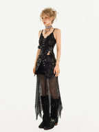 Nico Molly Gothic Mesh V-neck Vest Street Three Piece Women's Top & Skirt Sets