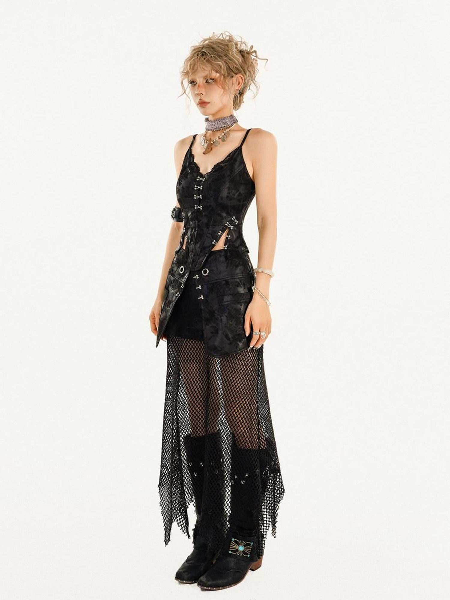 Nico Molly Gothic Mesh V-neck Vest Street Three Piece Women's Top & Skirt Sets