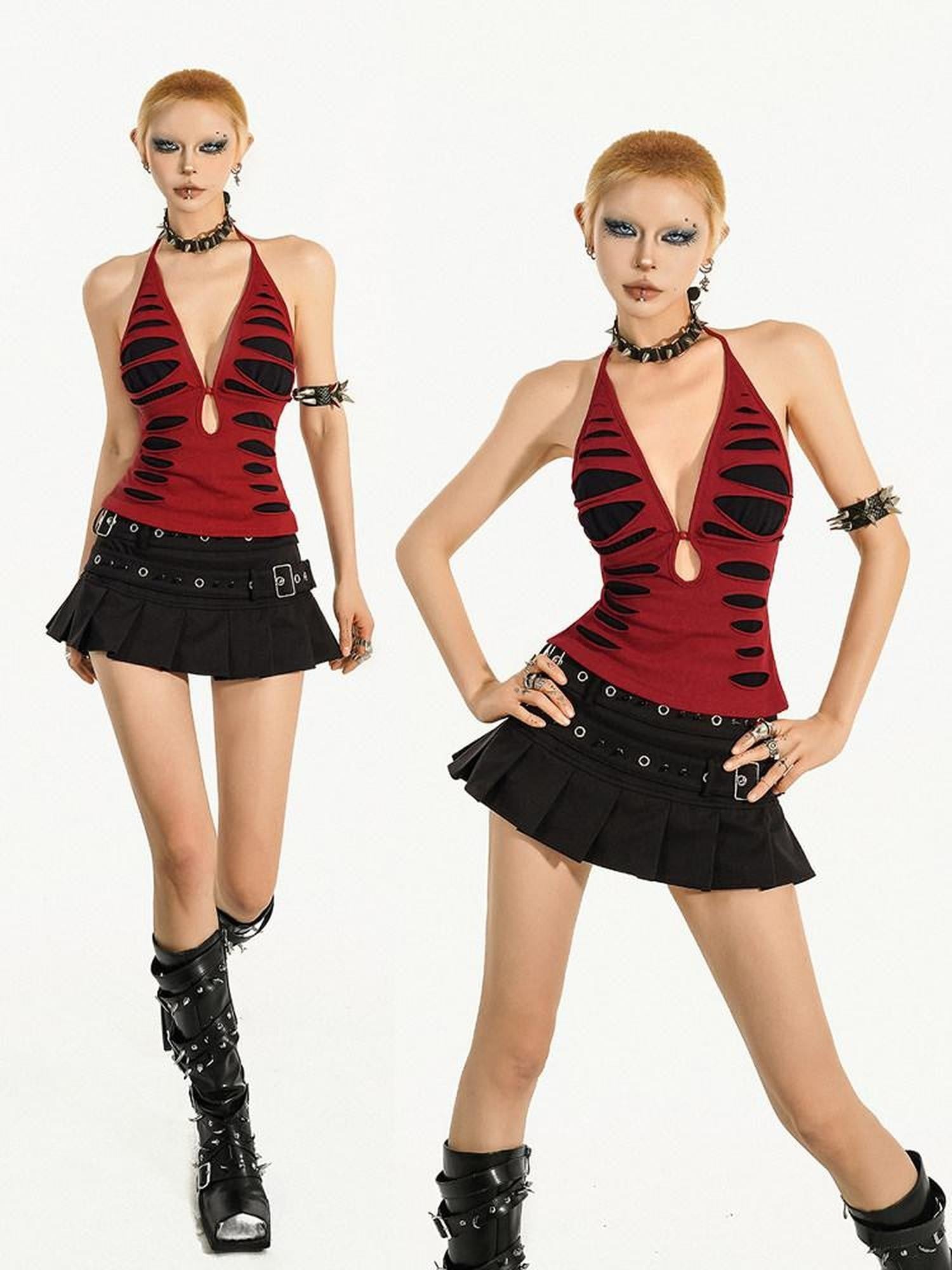 Nico Molly Gothic Ripped Backless Halter V-neck Women's Slim Fit Tank Tops