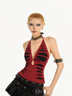 Nico Molly Gothic Ripped Backless Halter V-neck Women's Slim Fit Tank Tops