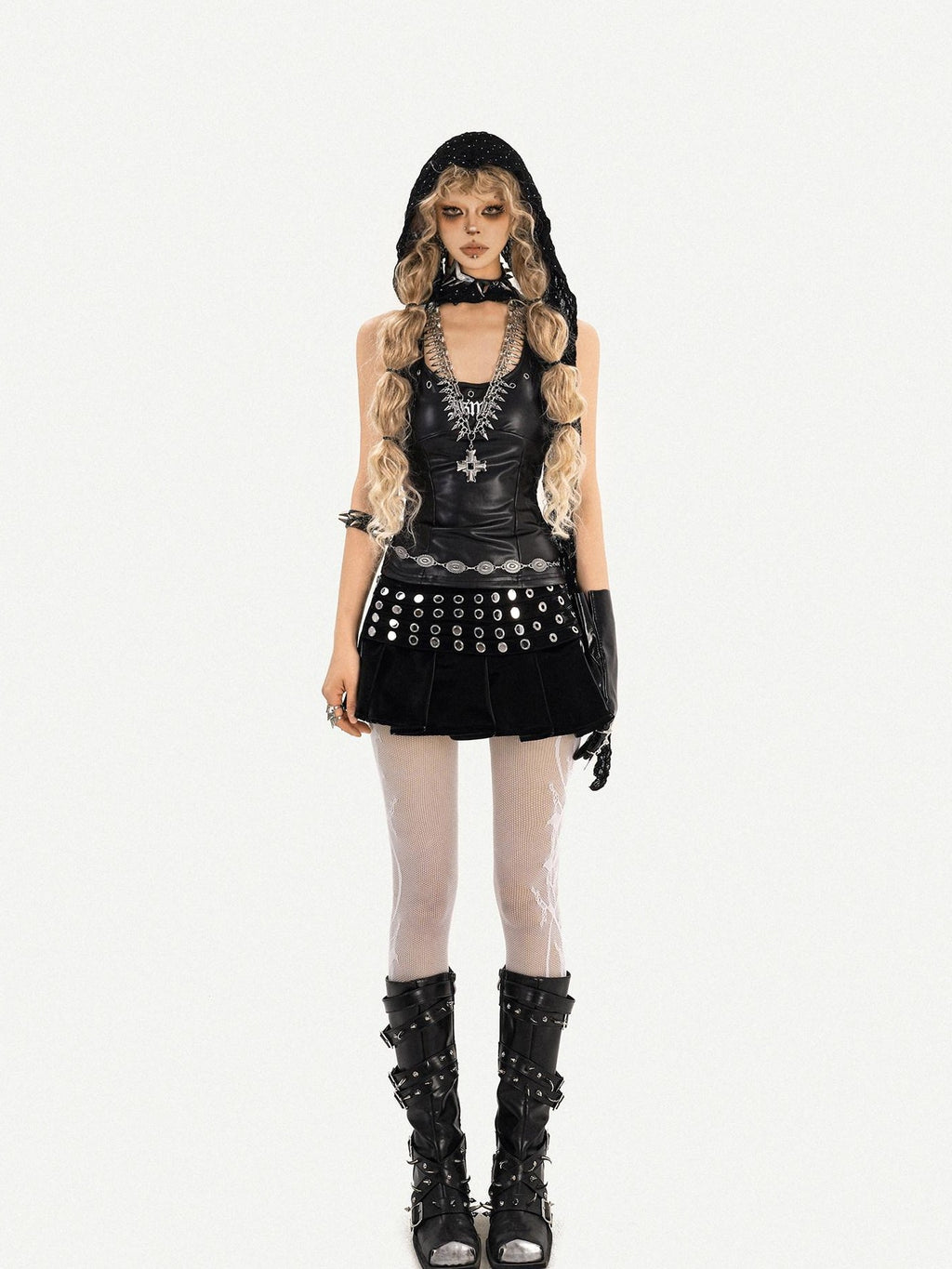 Nico Molly Gothic Riveted Stud High Waist Pleated Women's Patent Leather Mini Skirts