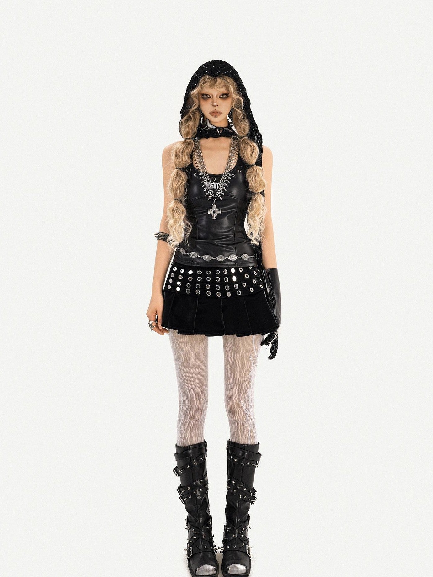 Nico Molly Gothic Riveted Stud High Waist Pleated Women's Patent Leather Mini Skirts