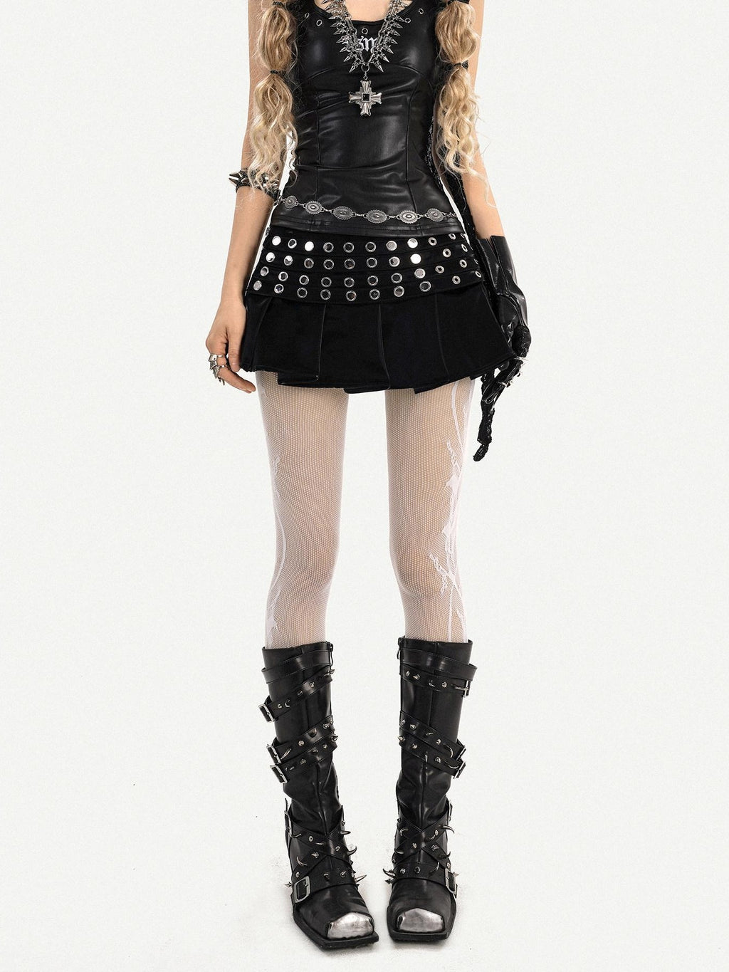 Nico Molly Gothic Riveted Stud High Waist Pleated Women's Patent Leather Mini Skirts