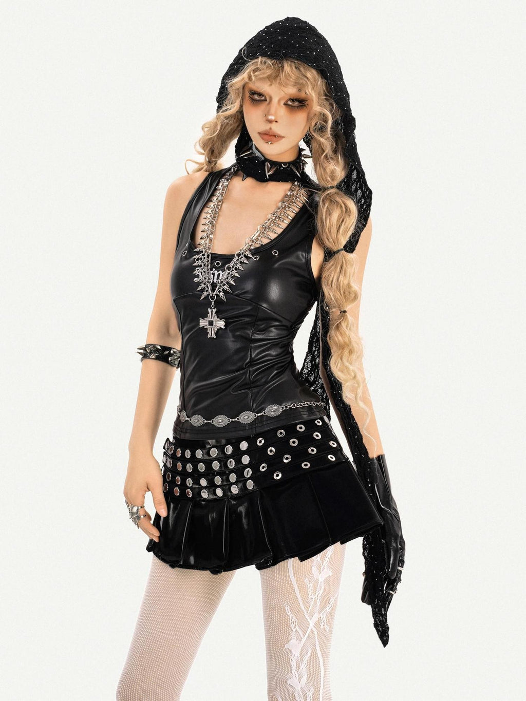 Nico Molly Gothic Riveted Stud High Waist Pleated Women's Patent Leather Mini Skirts