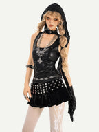 Nico Molly Gothic Riveted Stud High Waist Pleated Women's Patent Leather Mini Skirts