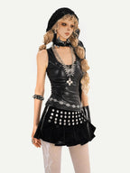 Nico Molly Gothic Riveted Stud High Waist Pleated Women's Patent Leather Mini Skirts