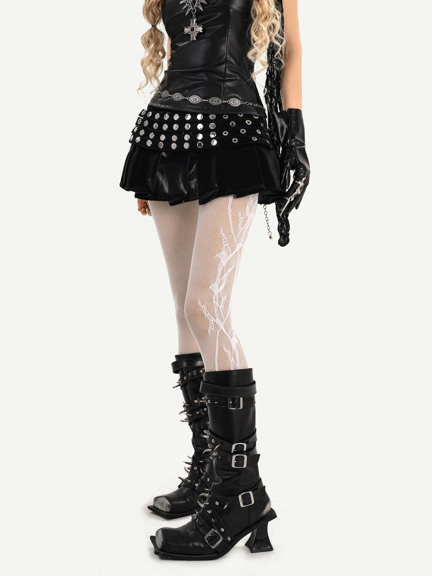 Nico Molly Gothic Riveted Stud High Waist Pleated Women's Patent Leather Mini Skirts