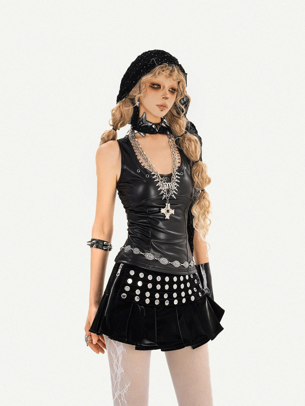 Nico Molly Gothic Riveted Stud High Waist Pleated Women's Patent Leather Mini Skirts