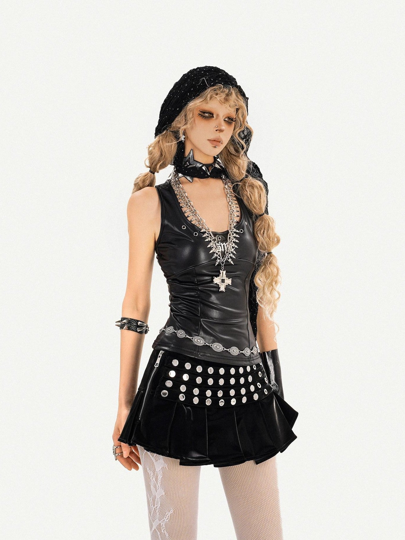 Nico Molly Gothic Riveted Stud High Waist Pleated Women's Patent Leather Mini Skirts