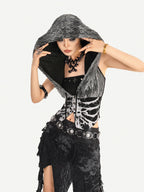 Nico Molly Gothic Skull Print Hooded Sleeveless Women's Other Fabric Short Sleeve T-shirts