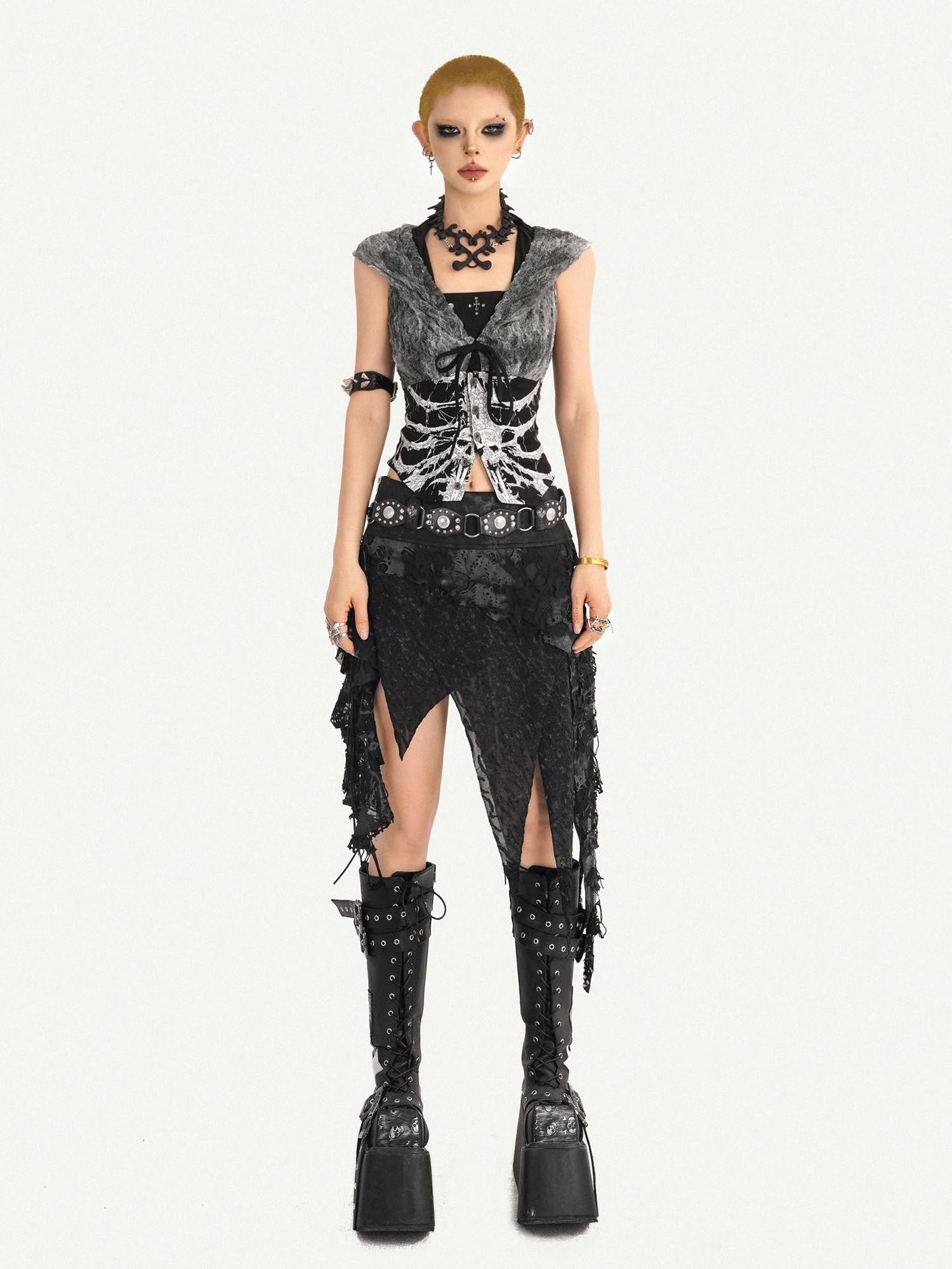 Nico Molly Gothic Skull Print Hooded Sleeveless Women's Other Fabric Short Sleeve T-shirts