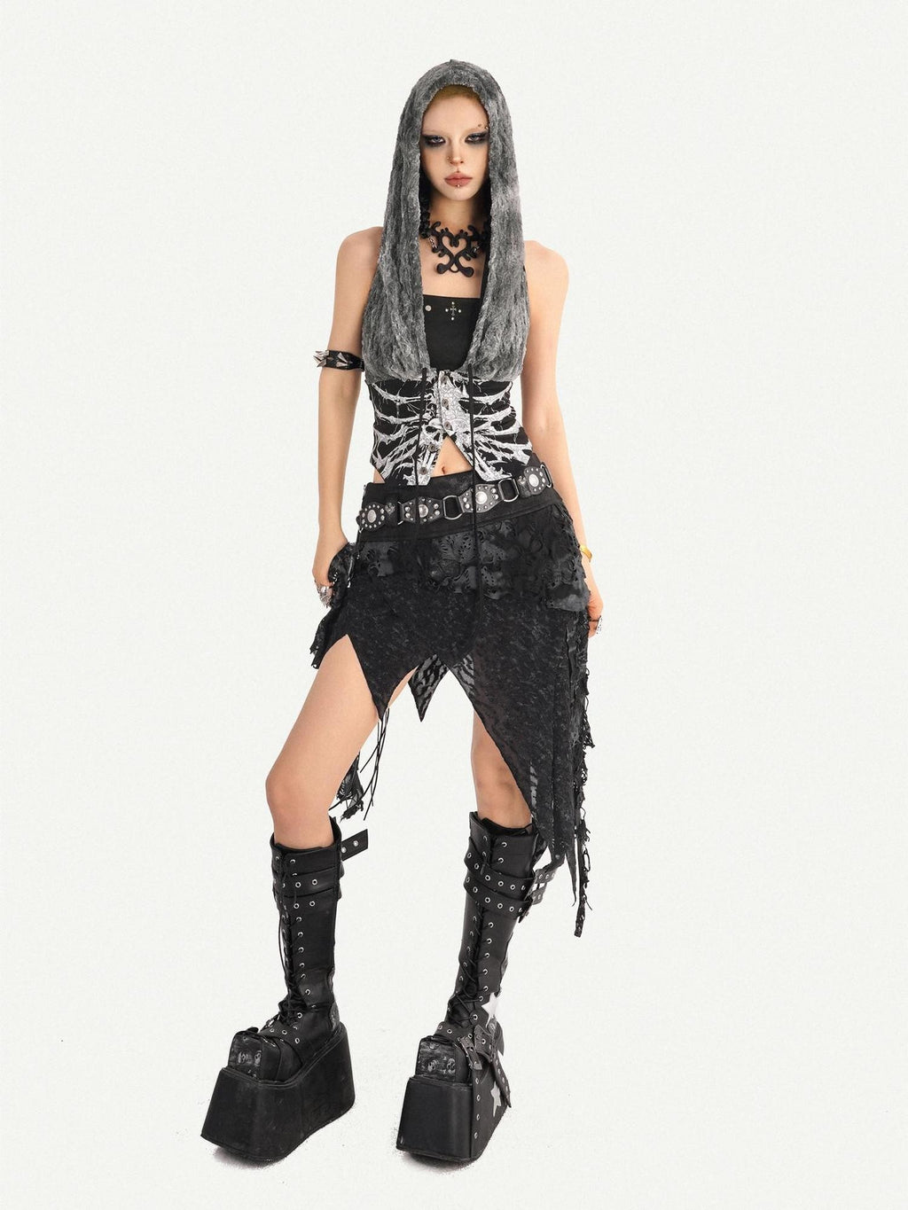 Nico Molly Gothic Skull Print Hooded Sleeveless Women's Other Fabric Short Sleeve T-shirts