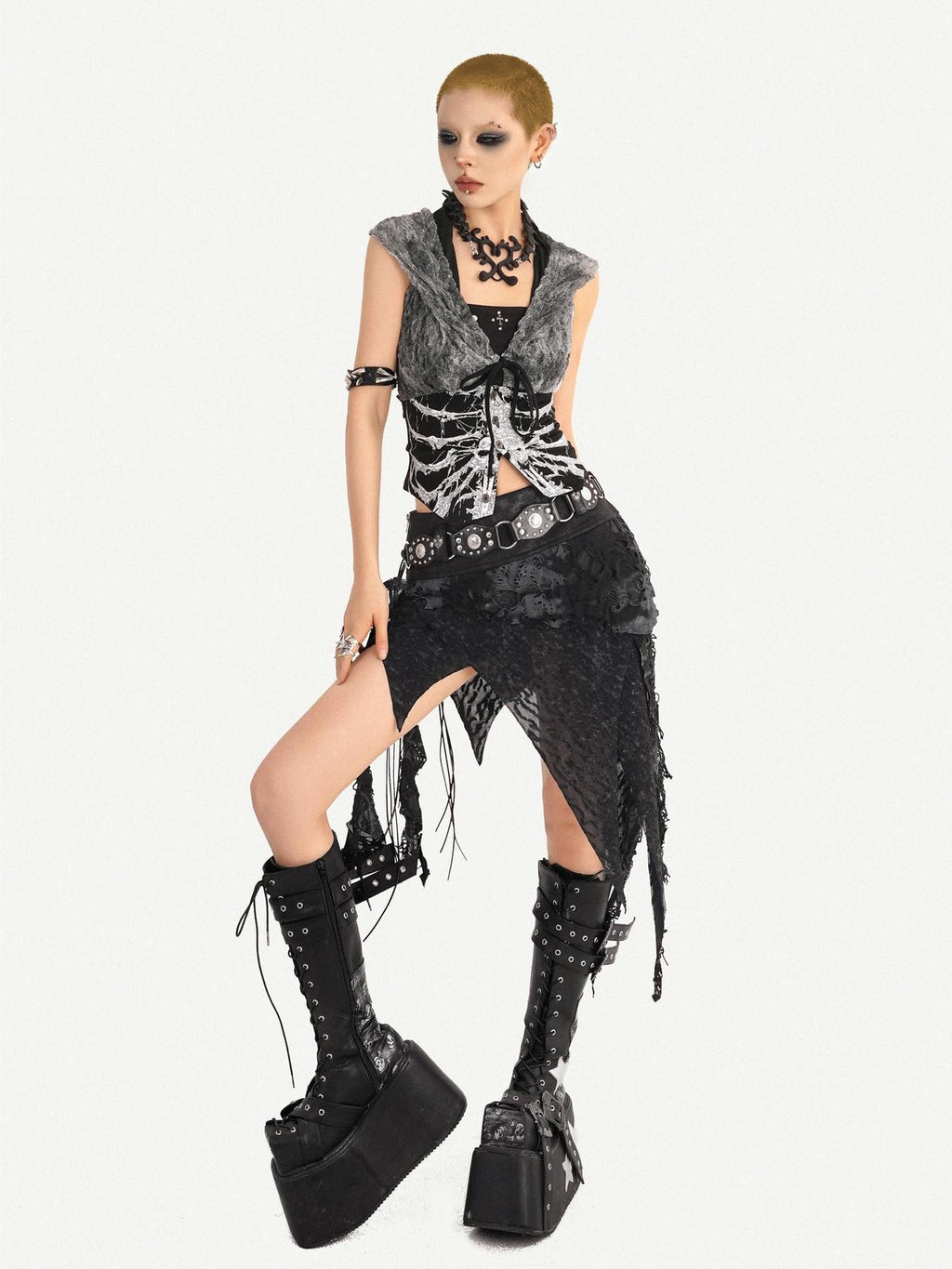 Nico Molly Gothic Skull Print Hooded Sleeveless Women's Other Fabric Short Sleeve T-shirts