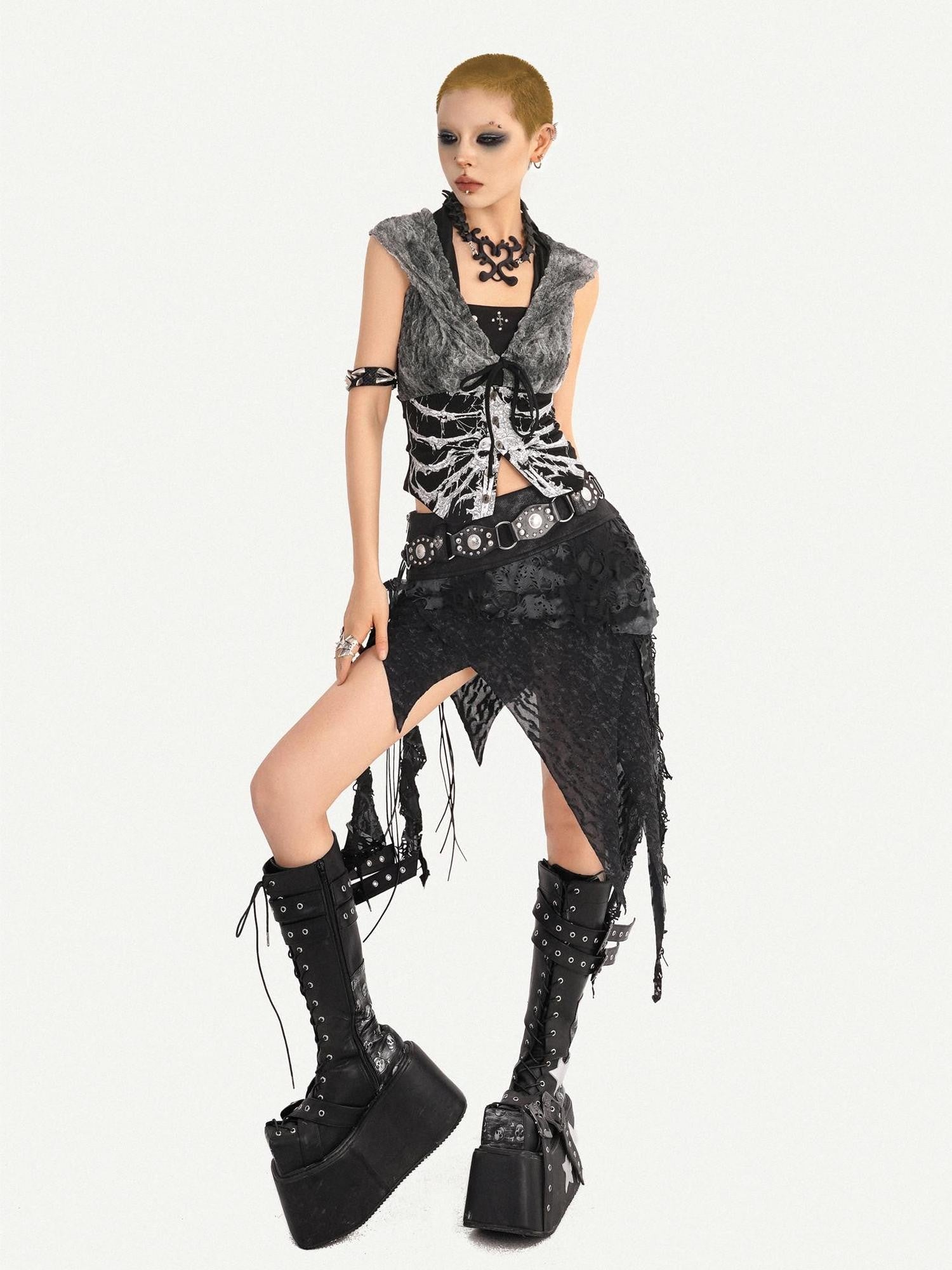 Nico Molly Gothic Skull Print Hooded Sleeveless Women's Other Fabric Short Sleeve T-shirts