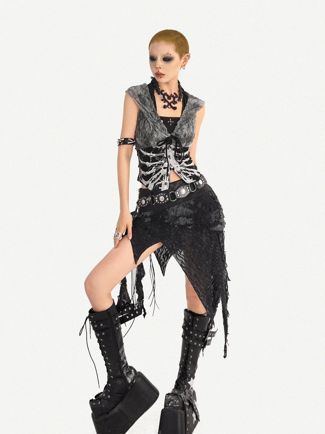 Nico Molly Gothic Skull Print Hooded Sleeveless Women's Other Fabric Short Sleeve T-shirts