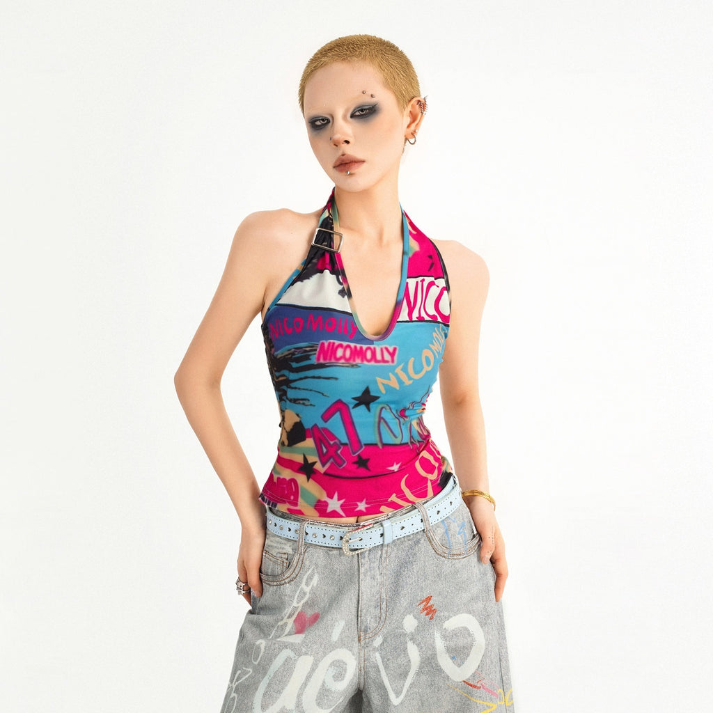 Nico_Molly_Graffiti_Letter_Print_Halter_Tie_Back_V-neck_Women's_Tank_Tops_1043711690885_MISSTT